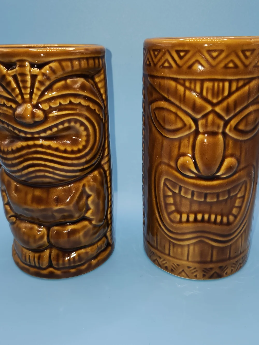 Vtg KC Hawaii Tiki Mugs Lot of 2 Brown Ceramic Barware Souvenir 1999 & 2000